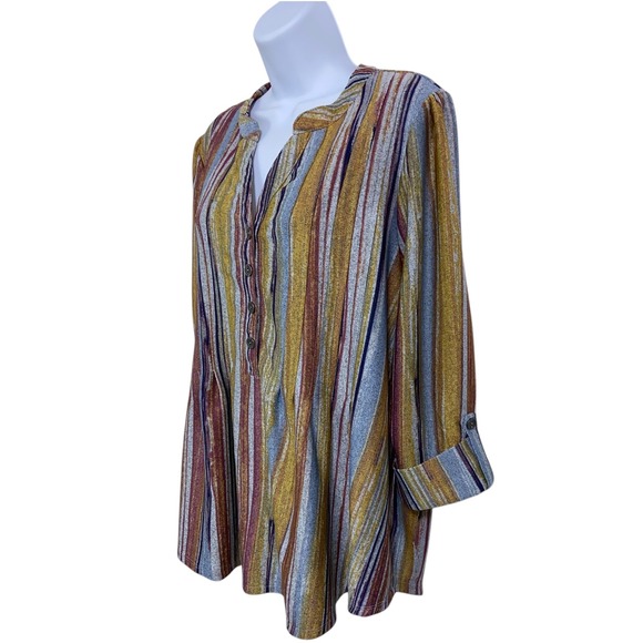 New Directions Tunic Top Multi-Colored Striped Button Up 3/4 Sleeve Blouse 1X - Picture 6 of 7
